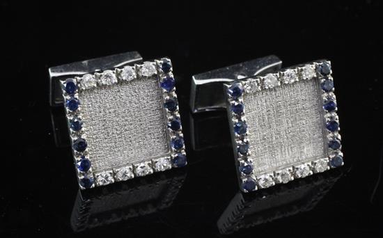 A pair of French 18ct white gold, sapphire and diamond cufflinks,